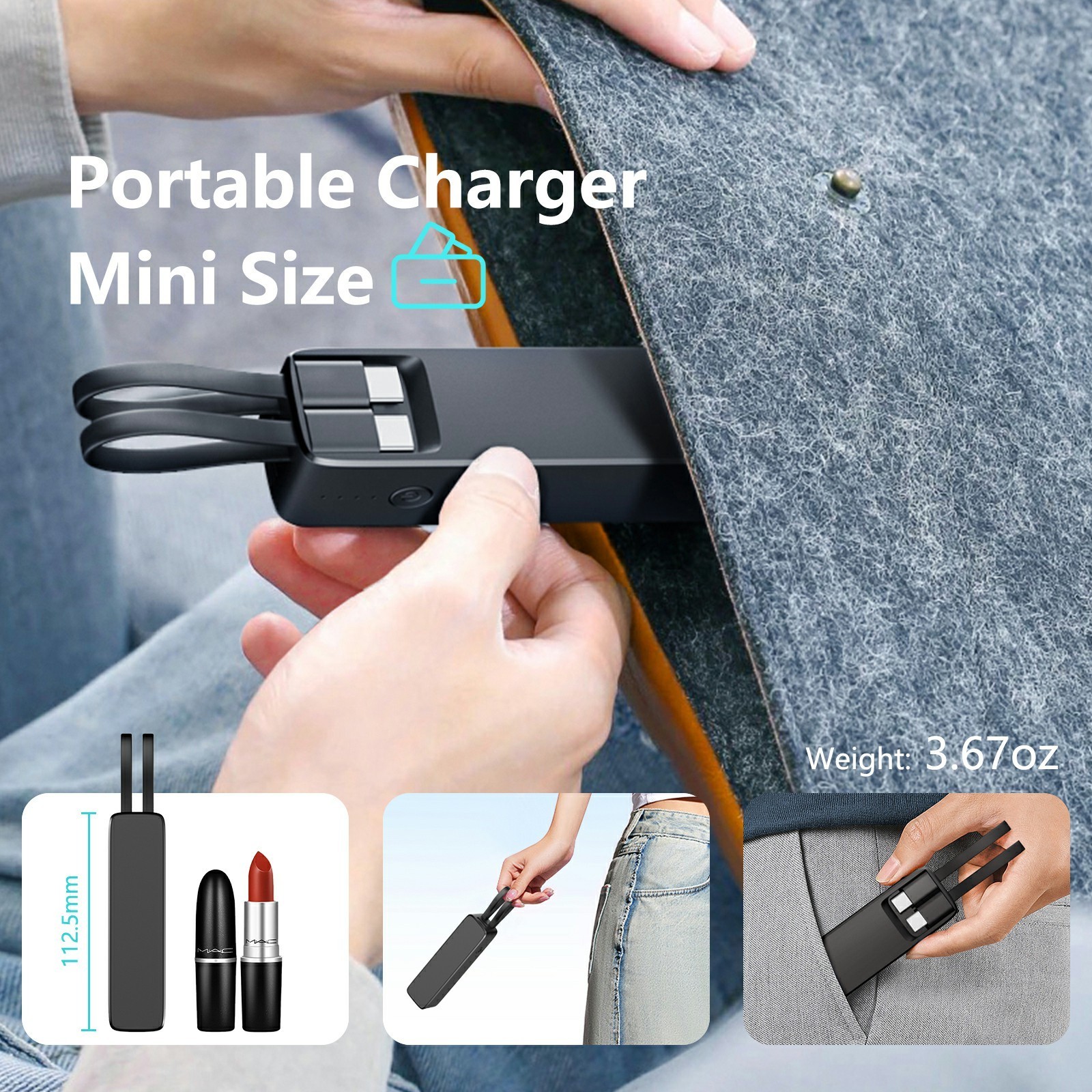 Small Portable Charger 5000mAh Mini Power Bank with Built-in Cable Cute Battery Pack Compatible for Phone