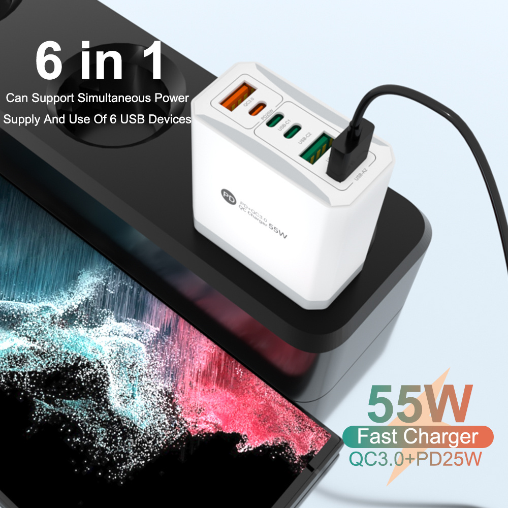 New Original 55W PD Fast Charger Adapter US AU UK EU 6 Port Multiple Output Adapter Mobile Phone Travel Wall Charger