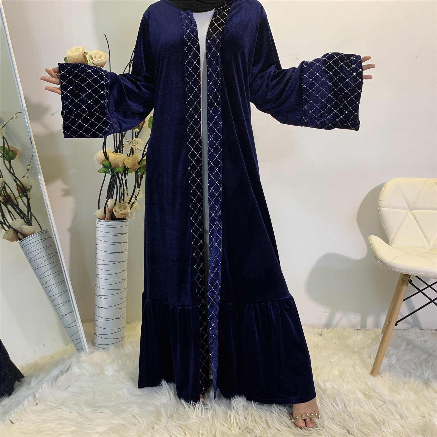 Autumn Winter Modest Abaya Ouverte Loose Sleeves Front Open Cardigan Sequins Mesh Velvet Warm Long Coat Abayas for Muslim Women