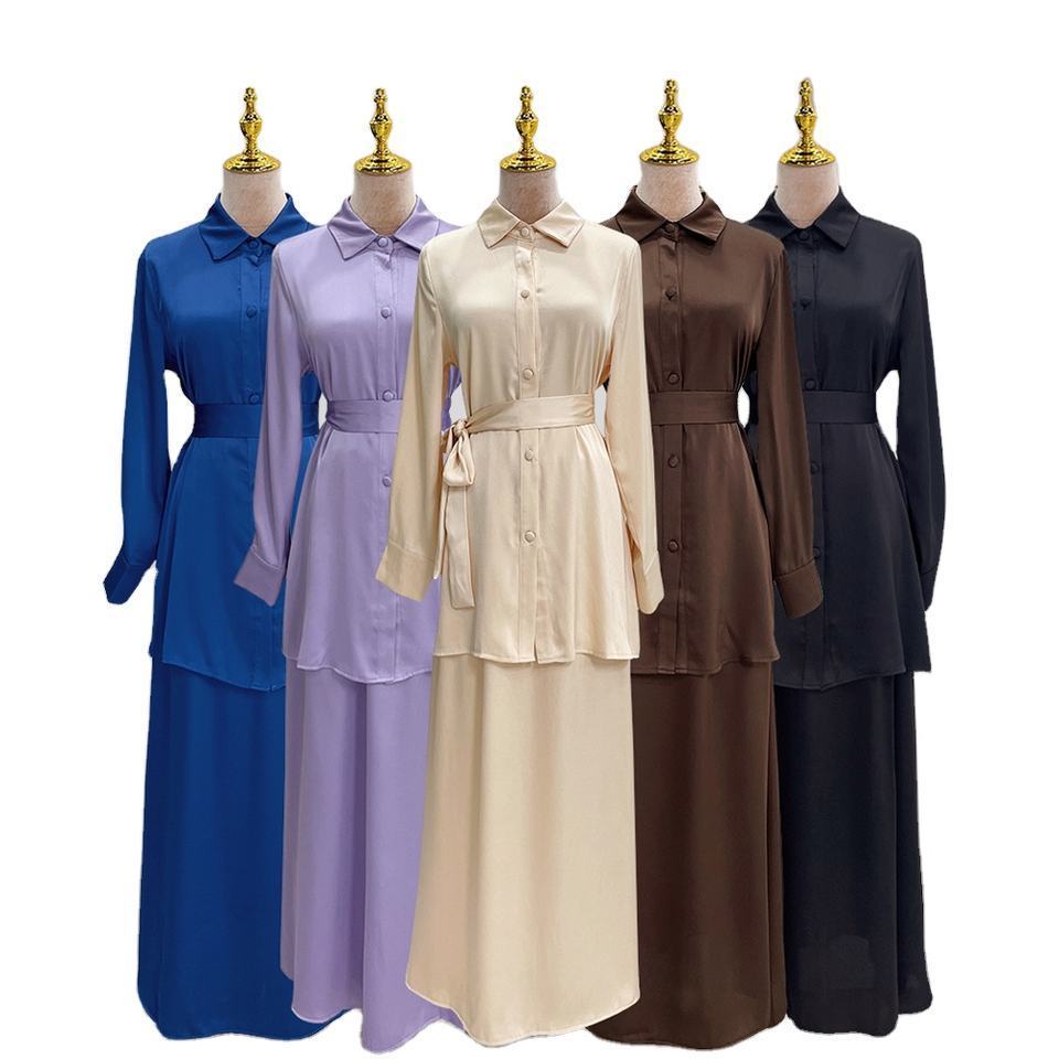 2023 Muslim Islamic Clothing 2 Piece Abaya Set Modest Dresses Turkey Abaya Sets for Girl Satin Blouse and Skirt