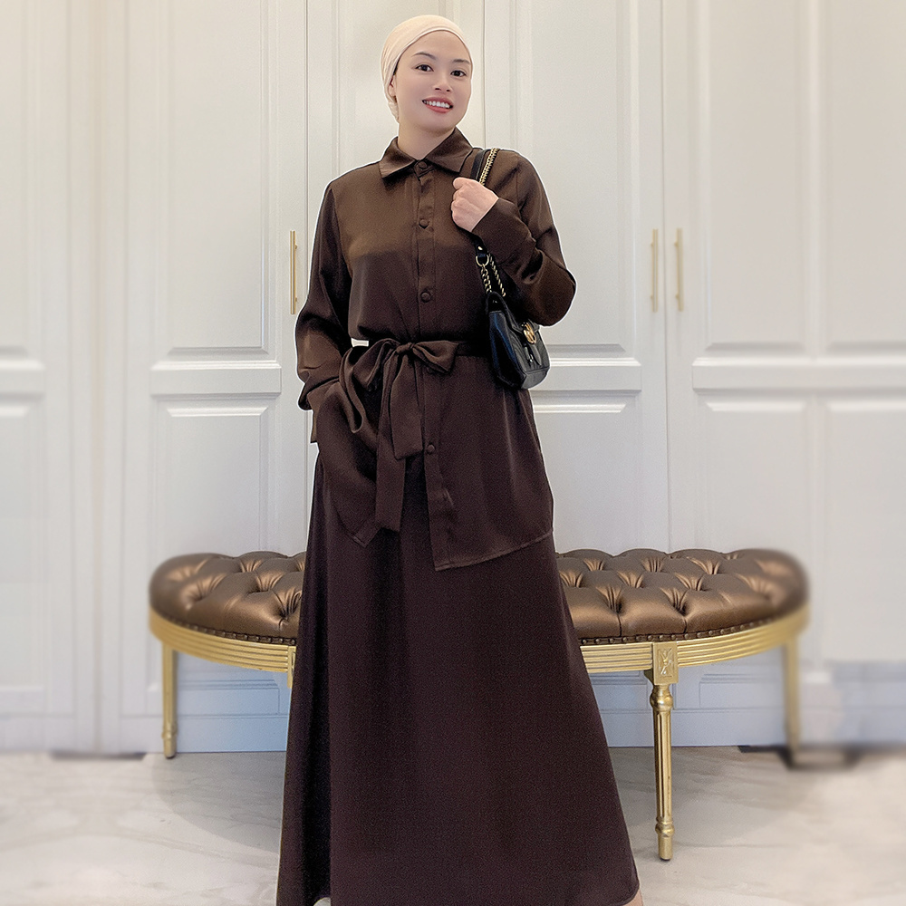 2023 Muslim Islamic Clothing 2 Piece Abaya Set Modest Dresses Turkey Abaya Sets for Girl Satin Blouse and Skirt