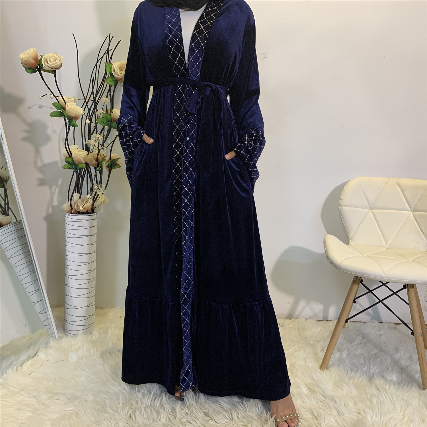 Autumn Winter Modest Abaya Ouverte Loose Sleeves Front Open Cardigan Sequins Mesh Velvet Warm Long Coat Abayas for Muslim Women