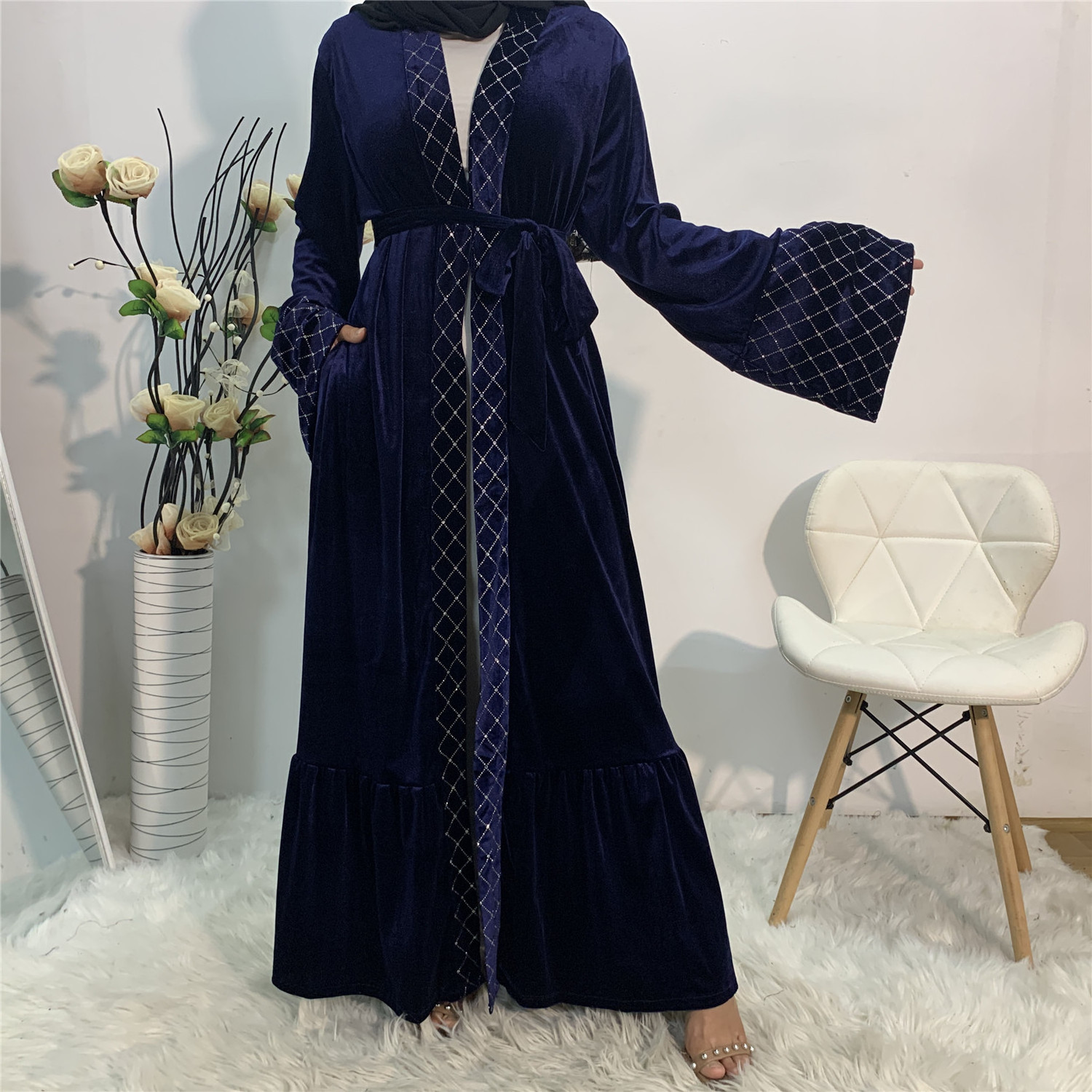 Autumn Winter Modest Abaya Ouverte Loose Sleeves Front Open Cardigan Sequins Mesh Velvet Warm Long Coat Abayas for Muslim Women