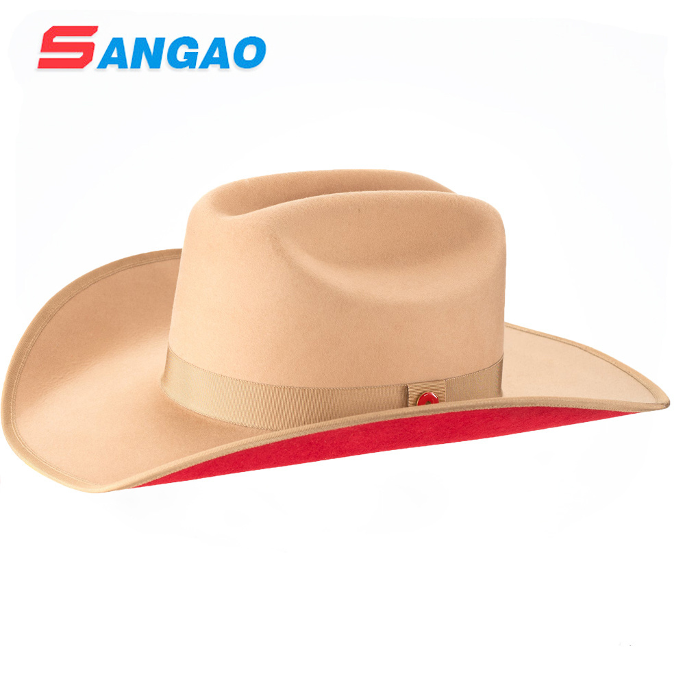 Making fashion  creme man cowboy hat with Red brim bottom felt fedora