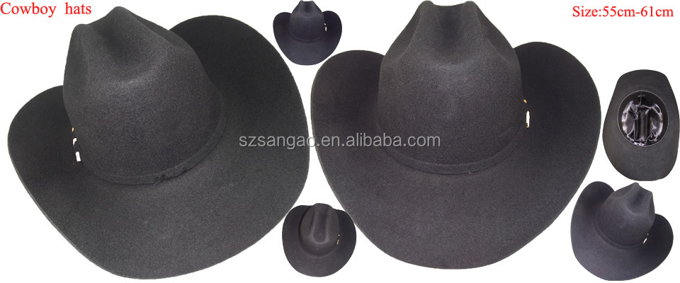 wholesale perfect large black Western cowboy hat for women and man with leather and helmet light up