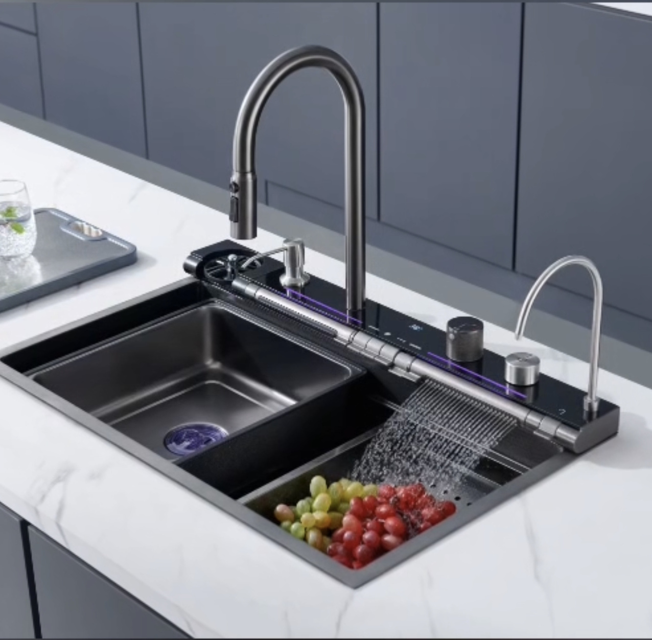 Waterfall Kitchen Sinks Combo 304 Stainless Steel Nano Sink with Multifunctional Fahrenheit Digital Display Pull-Out Faucet