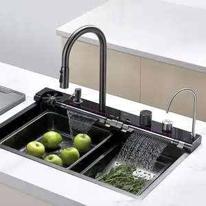 Factory Sales New SUS 304 Handmade Multi functional Nano Dark Grey Under Mount Kitchen Sink With Waterfall Faucet