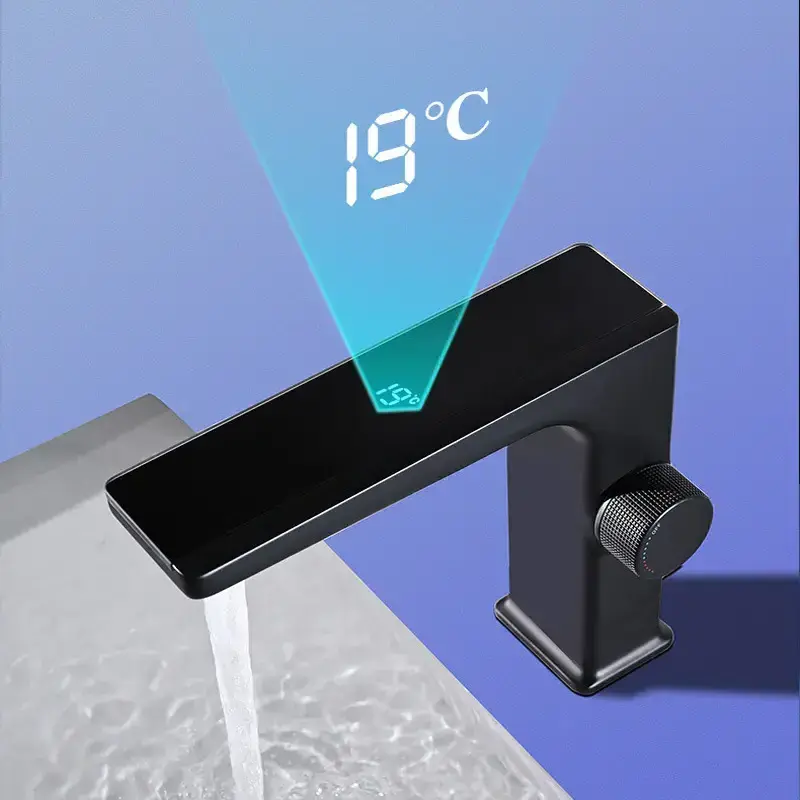 All Copper Matte Black Smart Digital Display Temperature Faucet Hot And Cold Bathroom Washbasin Brass Faucet For Hotel Toilet