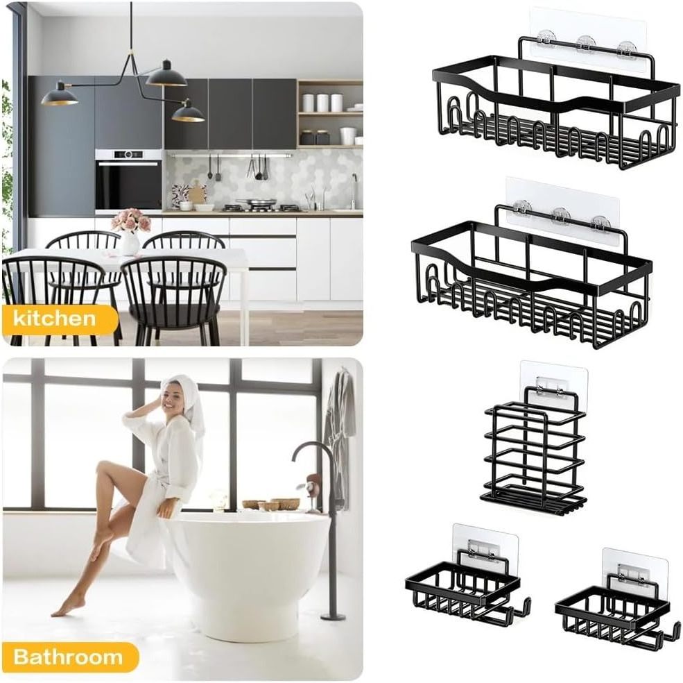 Shower Caddy[5-Pack] Adhesive Towel Rack Large Capacity, Rustproof Stainless Steel Bathroom Organizer Bathroom Shelf Black