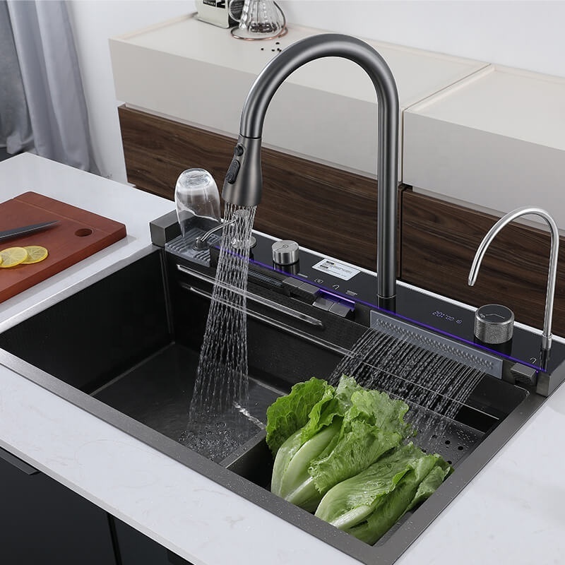 Luxury Modern Stainless Steel Smart Nano Handmade Kitchen Sink With Multifunction Waterfall Faucet