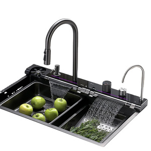 Waterfall Kitchen Sinks Combo 304 Stainless Steel Nano Sink with Multifunctional Fahrenheit Digital Display Pull-Out Faucet