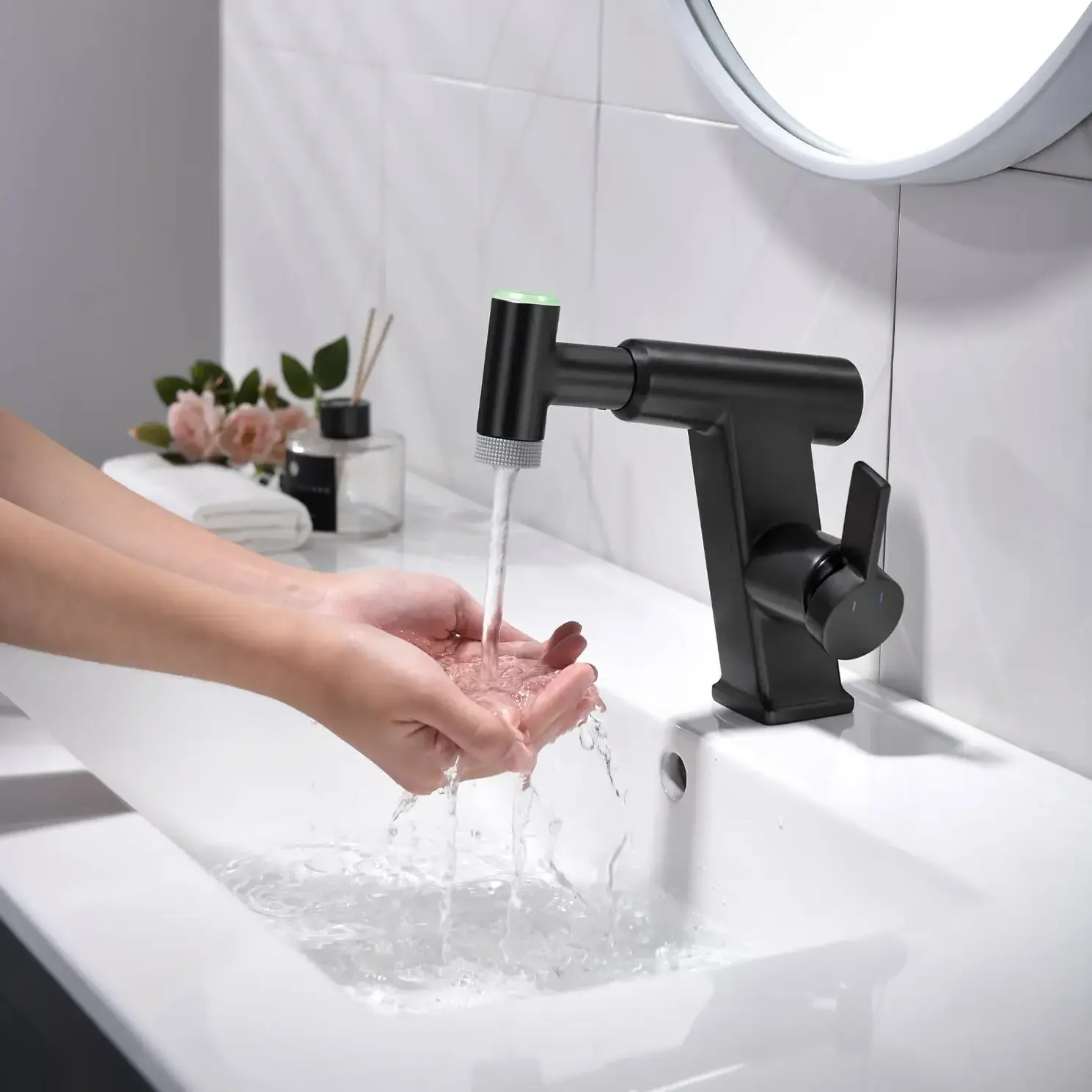 Bathroom Faucet with LED Temperature Display, Bathroom Faucet with Pull Down Sprayer, Single Handle Bathroom Mixer Tap,Black