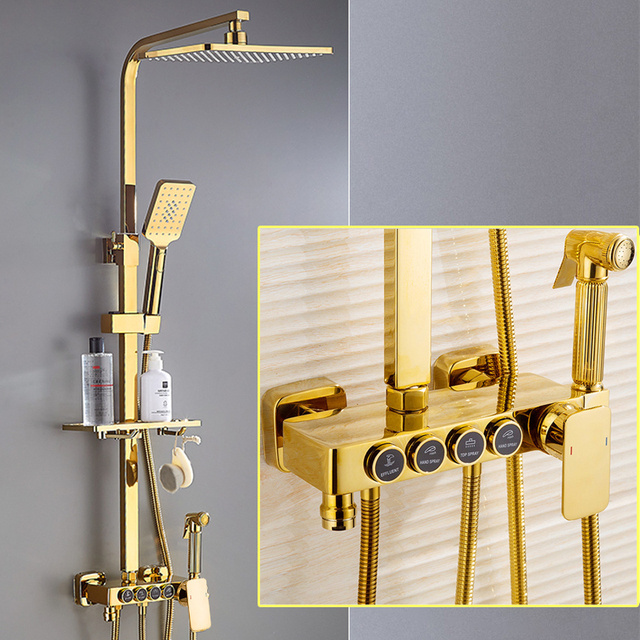 Golden Piano Bathroom Shower System Quality Brass Bathtub Mixer Faucets Wall Mounted Thermostatic Digital Shower Set