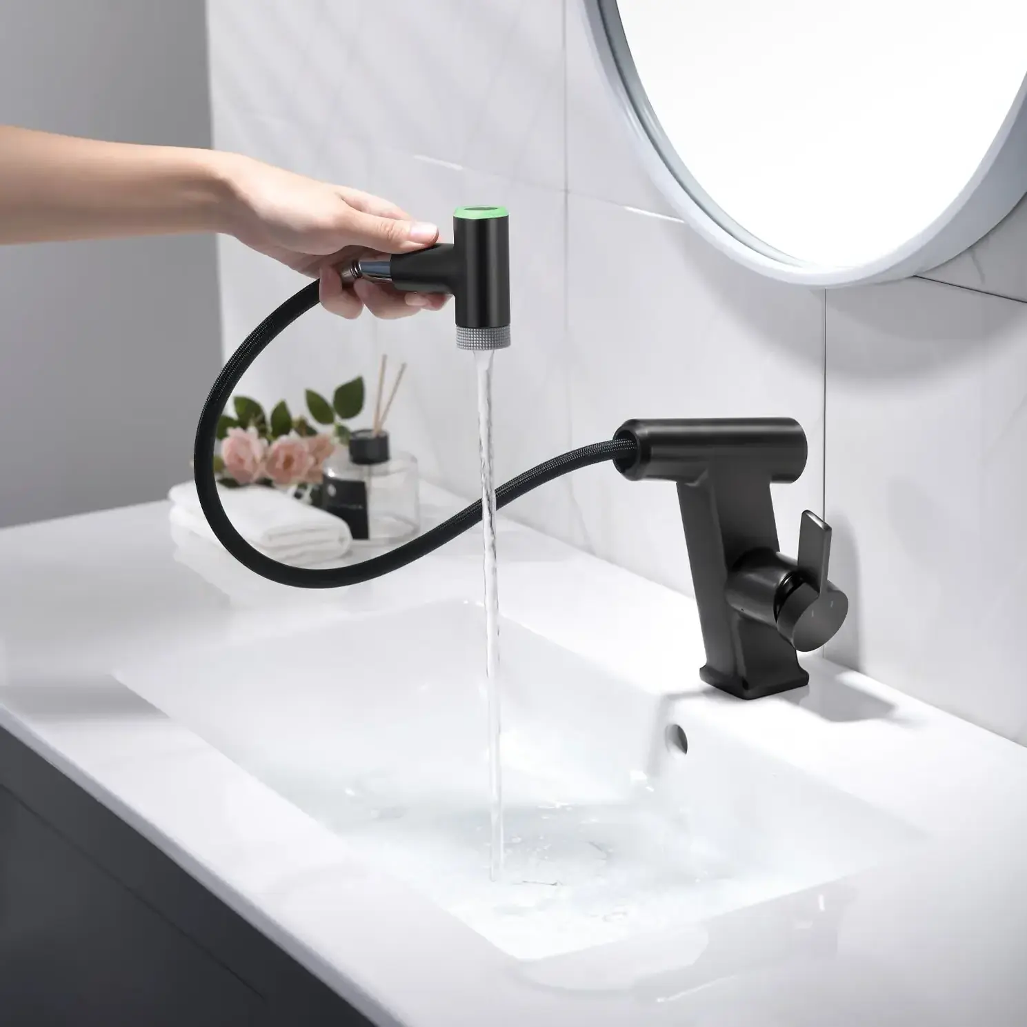 Bathroom Faucet with LED Temperature Display, Bathroom Faucet with Pull Down Sprayer, Single Handle Bathroom Mixer Tap,Black