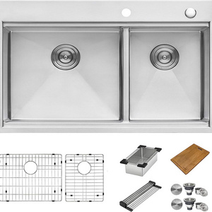 33 x 22 inch Workstation Drop-in 60/40 Double Bowl Topmount Tight Radius 16 Gauge Stainless Steel Ledge Kitchen Sink