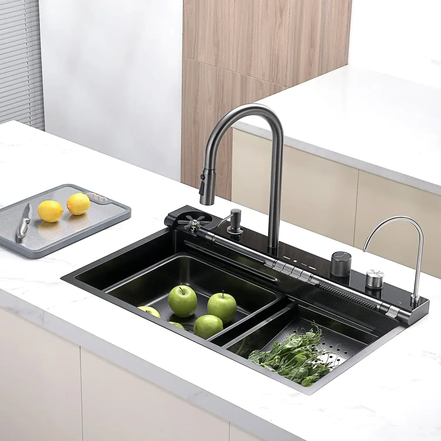 Factory Sales New SUS 304 Handmade Multi functional Nano Dark Grey Under Mount Kitchen Sink With Waterfall Faucet