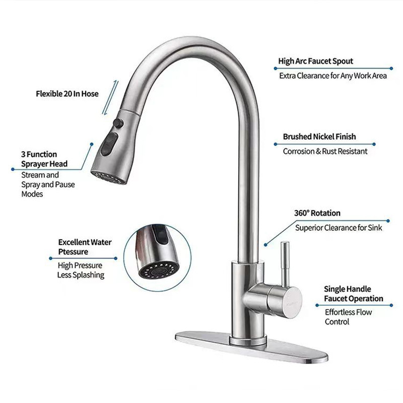 Single Handle High Arc Brushed Nickel Pull Out Kitchen Faucet