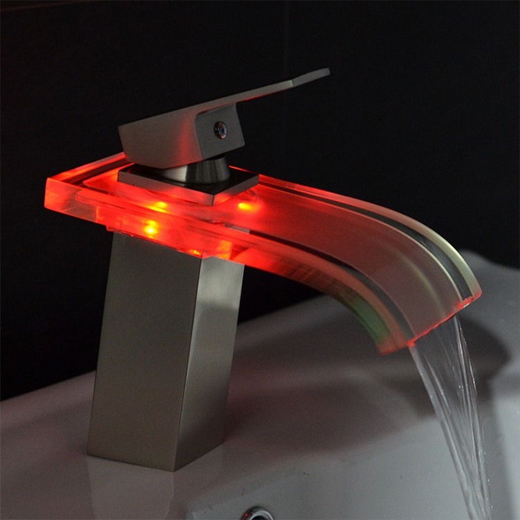 Deck Mounted Lavatory Waterfall Basin Bath Shower LED Faucet Light