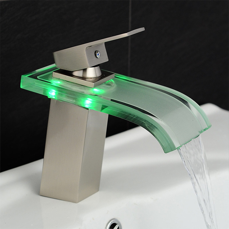 Deck Mounted Lavatory Waterfall Basin Bath Shower LED Faucet Light