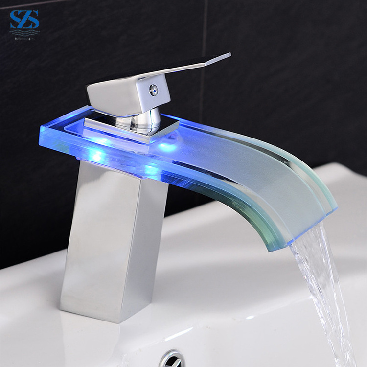 Deck Mounted Lavatory Waterfall Basin Bath Shower LED Faucet Light