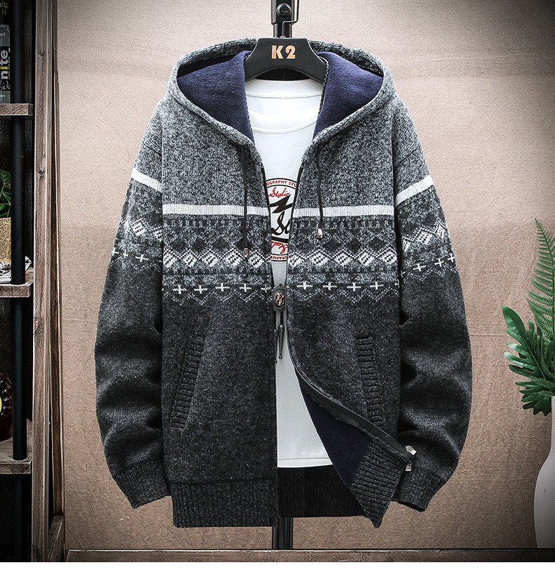 Autumn and Winter New Foreign Trade Men's Casual Coat European and American Hooded Cardigan Knitted Thickened plush Sweater for