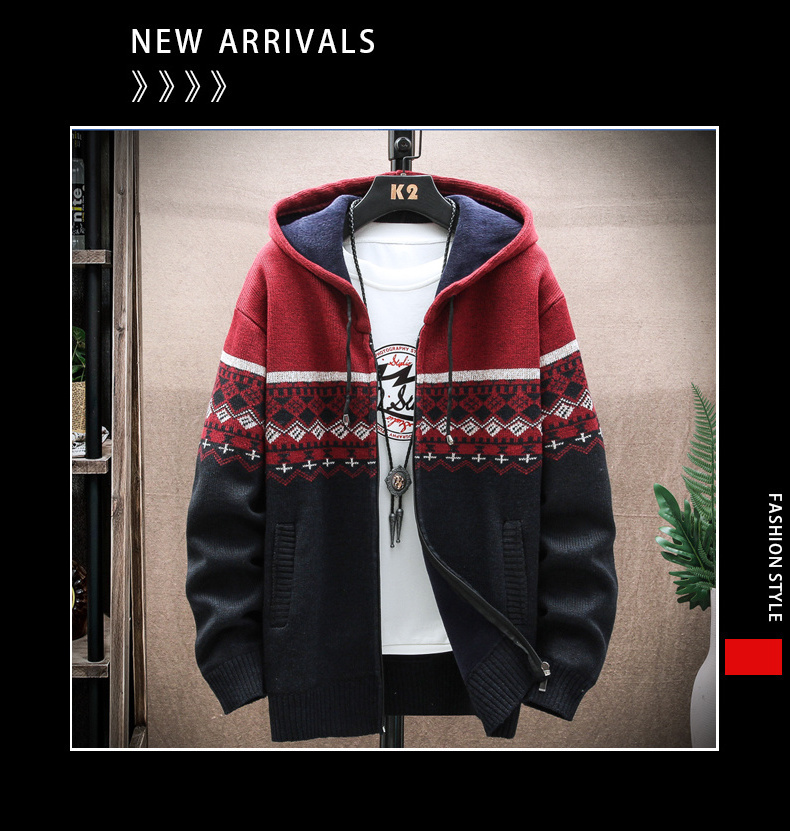 Autumn and Winter New Foreign Trade Men's Casual Coat European and American Hooded Cardigan Knitted Thickened plush Sweater for