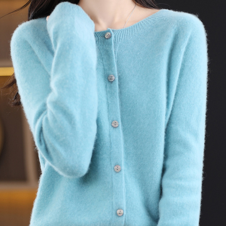 Autumn and Winter Readymade Garment 100% Pure Wool Cardigan Coat Women's Osmanthus Needle Loose Round Neck Knitted Sweater