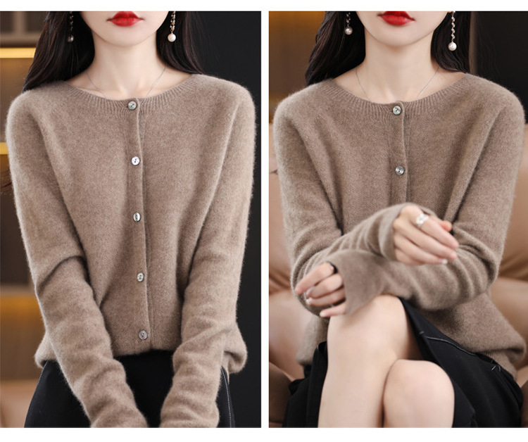 Autumn and Winter Readymade Garment 100% Pure Wool Cardigan Coat Women's Osmanthus Needle Loose Round Neck Knitted Sweater