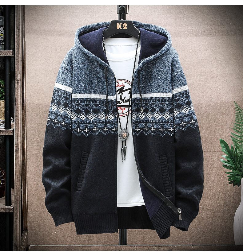 Autumn and Winter New Foreign Trade Men's Casual Coat European and American Hooded Cardigan Knitted Thickened plush Sweater for