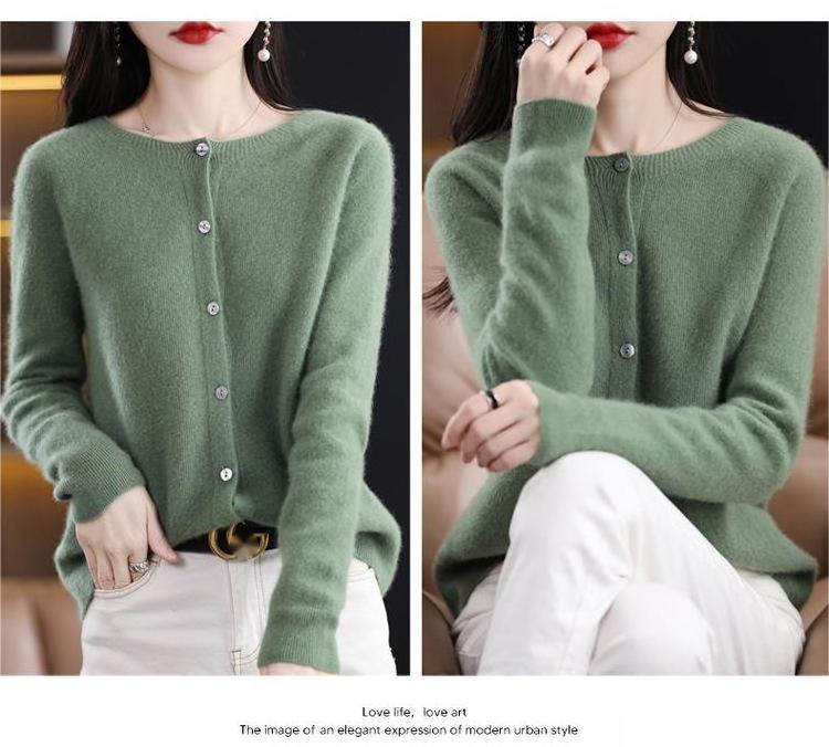 Autumn and Winter Readymade Garment 100% Pure Wool Cardigan Coat Women's Osmanthus Needle Loose Round Neck Knitted Sweater