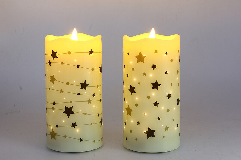 Senmasine Plastic Fiber Optic Candles Printing Christmas Tree Star Flower Pattern 7.5*15cm Flameless Led Candle