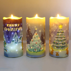 Senmasine Plastic Fiber Optic Candles Printing Christmas Tree Star Flower Pattern 7.5*15cm Flameless Led Candle