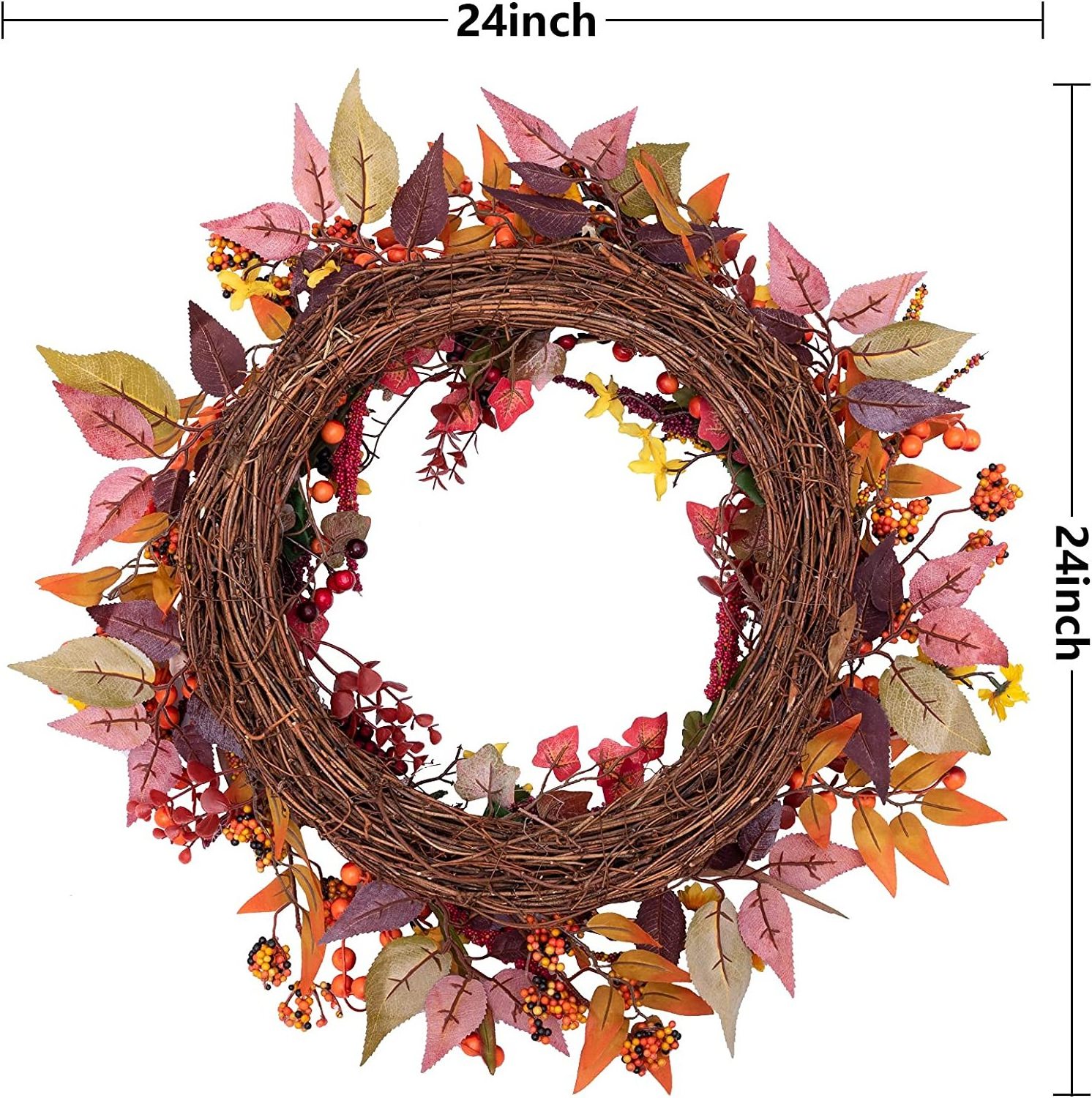 24 Inch Fall Door Wreath Berry Autumn Fall Leaf Flower Harvest Wreath for Front Door Thanksgiving Halloween Fall Decorations