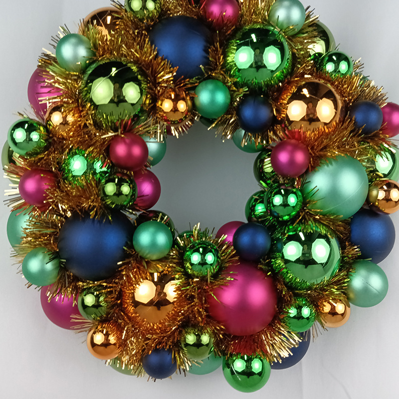 Senmasine Colorful Design 33cm Tinsel Ornaments Baubles Shatterproof Ball Christmas Wreath With Plastic Base Xmas Party Decor