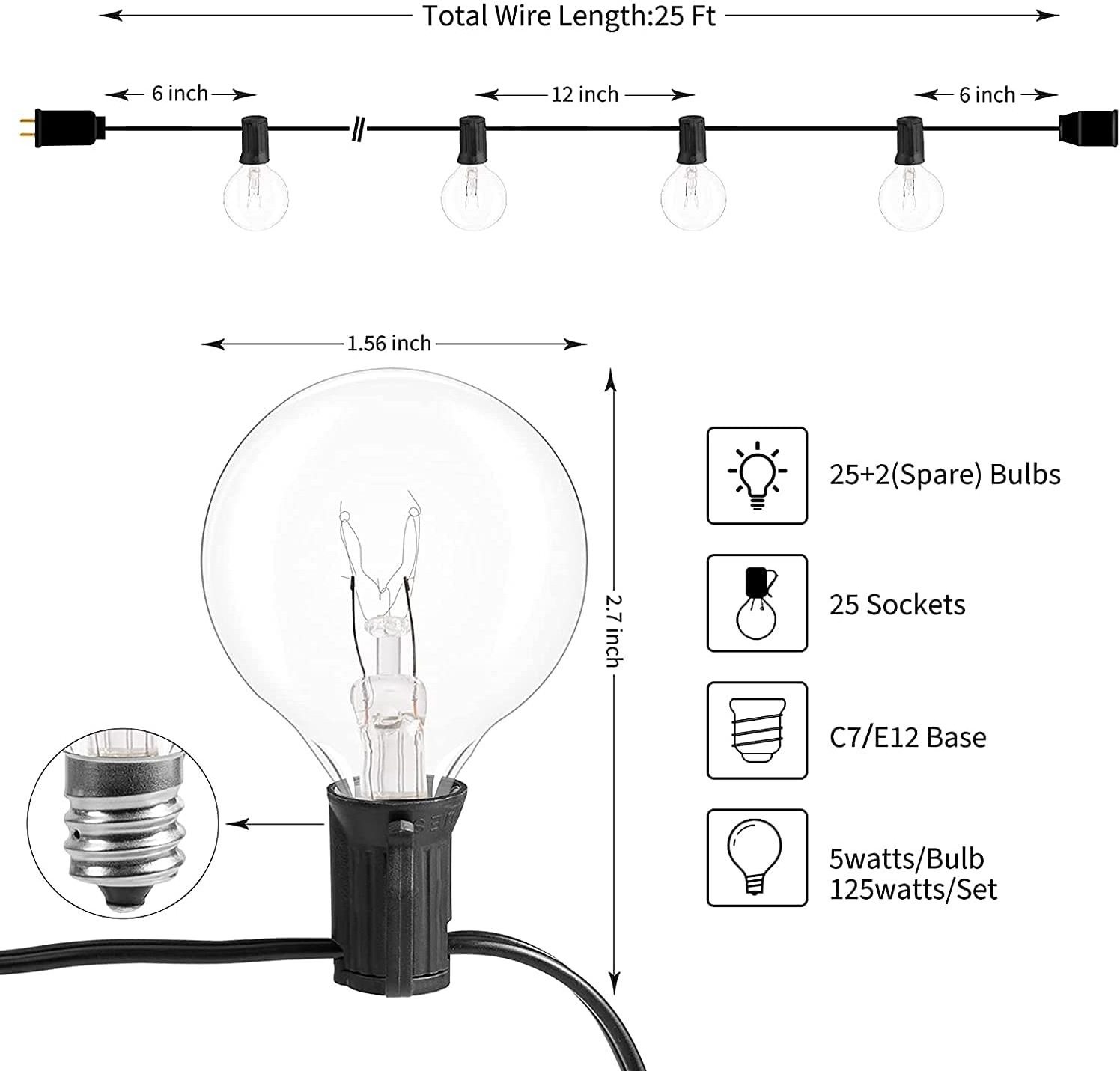 Senmasine G40 25FT led Globe String Lights for indoor Outdoor Patio C7 E12 Edison Glass Bulbs 2 Spare Waterproof Connectable