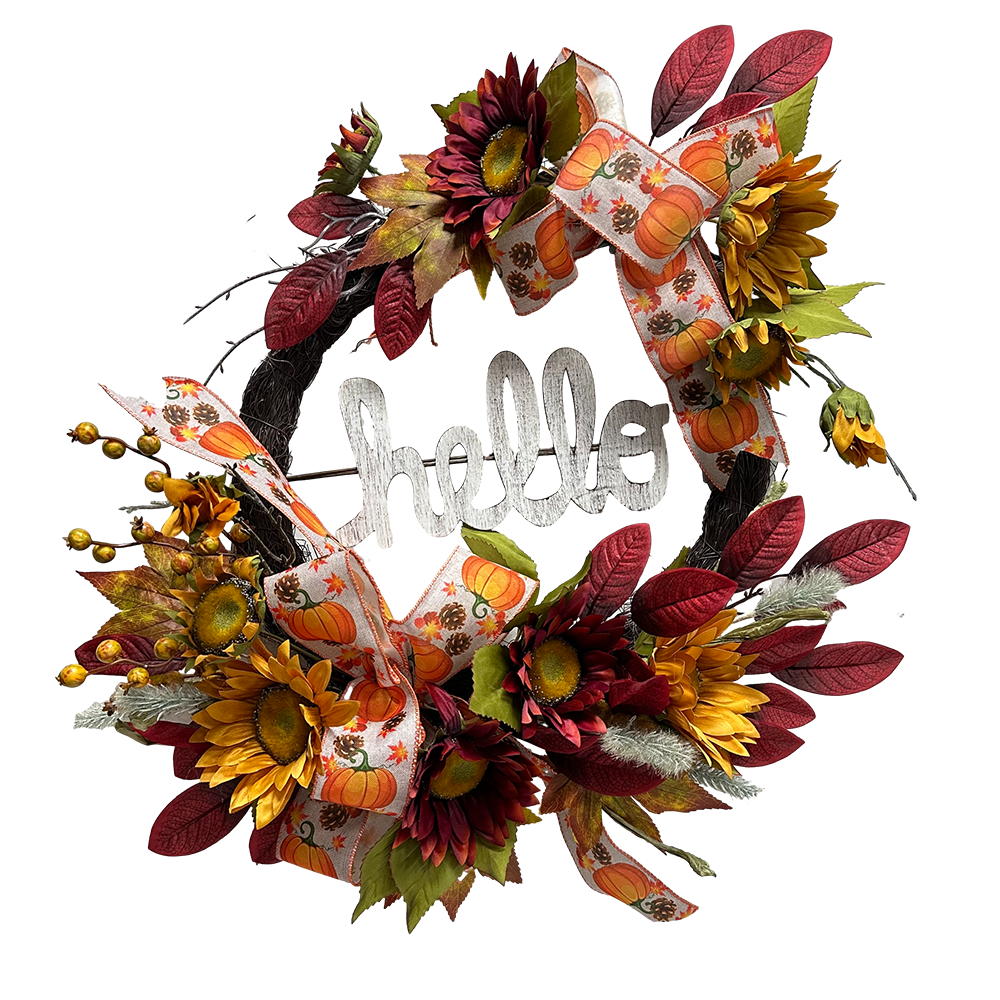 Senmasine Mixed Autumn Bow Red Maple Leaves DIY decor 22 Inch Fall Harvest Hello Sign Sunflower Artificial Grapevine Wreath