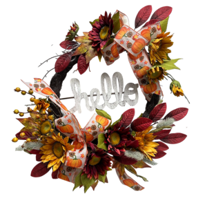 Senmasine Mixed Autumn Bow Red Maple Leaves DIY decor 22 Inch Fall Harvest Hello Sign Sunflower Artificial Grapevine Wreath