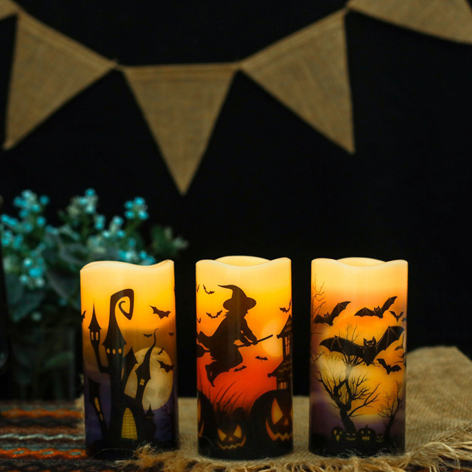 Senmasine Halloween Party Decoration Decal Battery Operated Flickering Wick Real Pillar Wax Flameless Candles Led