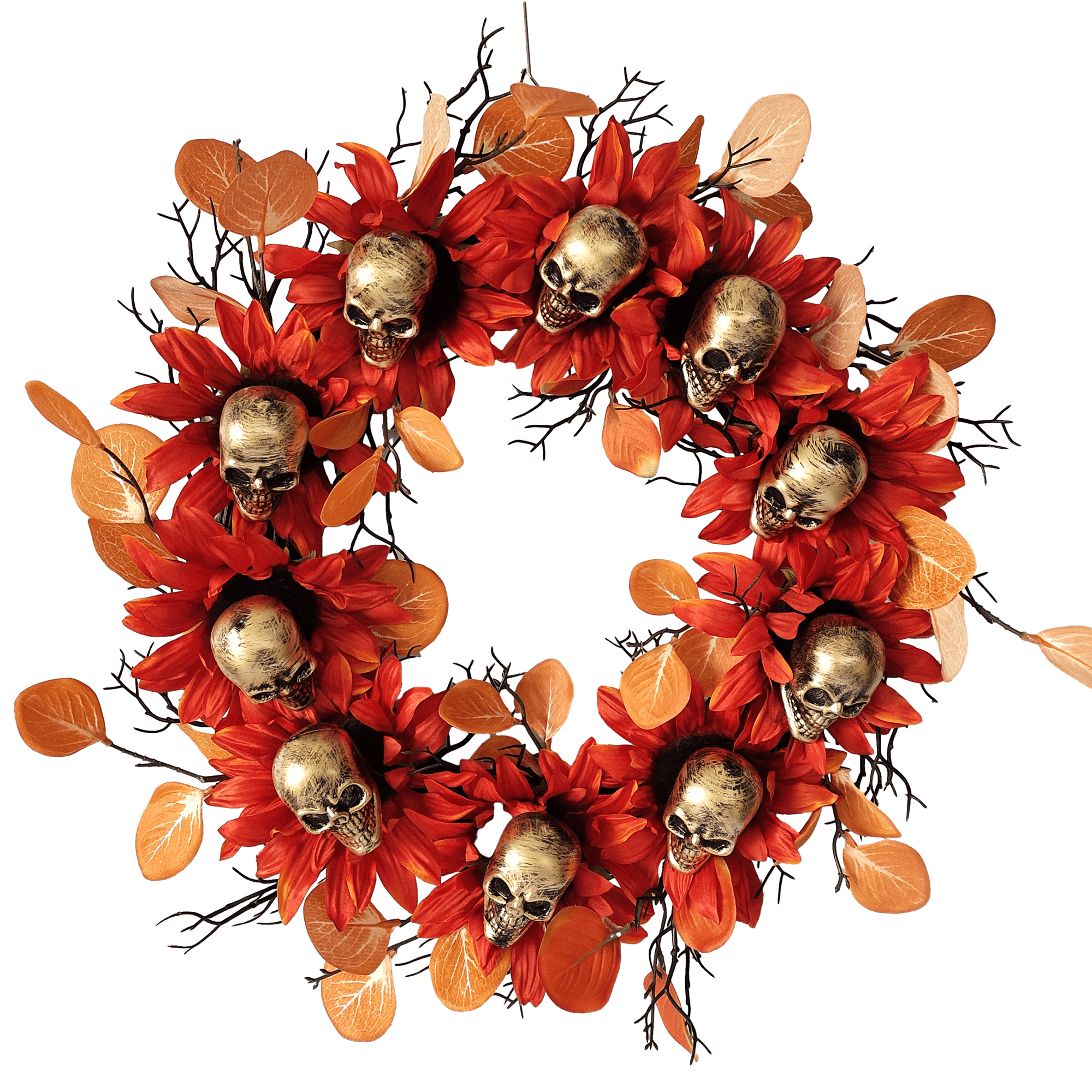 Senmasine Front Door Hanging Outdoor Decoration 24 Inch Black Dead Branch Sunflower Spooky Scary Halloween Skeleton Wreath