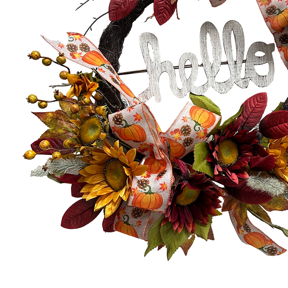 Senmasine Mixed Autumn Bow Red Maple Leaves DIY decor 22 Inch Fall Harvest Hello Sign Sunflower Artificial Grapevine Wreath