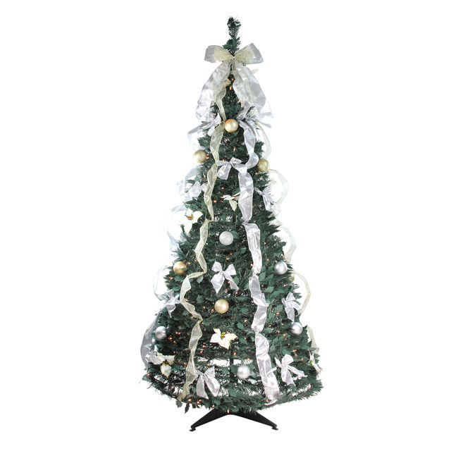 Hot sales 6ft Pre-Lit Silver and Gold Pre-Decorated Pop Up Artificial Christmas Tree with 350 clear mini lights