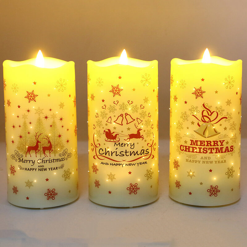 Senmasine Plastic Fiber Optic Candles Printing Christmas Tree Star Flower Pattern 7.5*15cm Flameless Led Candle