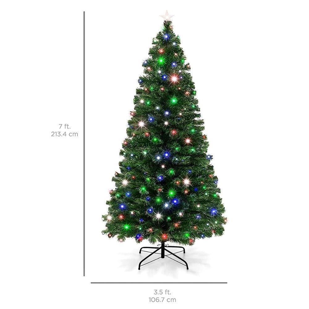 Foldable Stand 7ft Pre-Lit Fiber Optic Green Artificial Christmas Pine Tree with 4-Color LED Lights