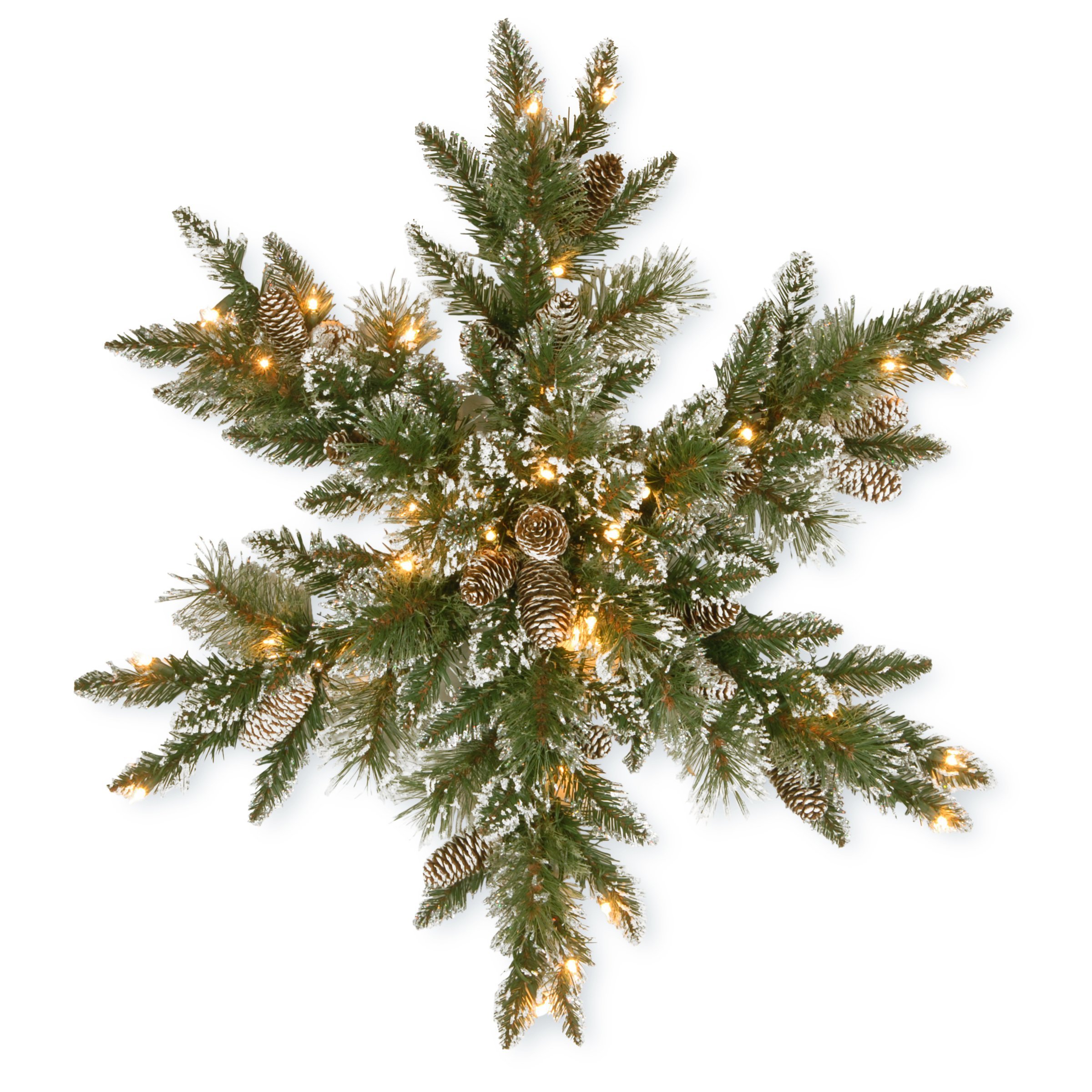 32 Inches Pre-Lit Artificial Snowflake Christmas Star Wreath with Glittery Bristle Pine White Lights Pine Cones Frosted Branches