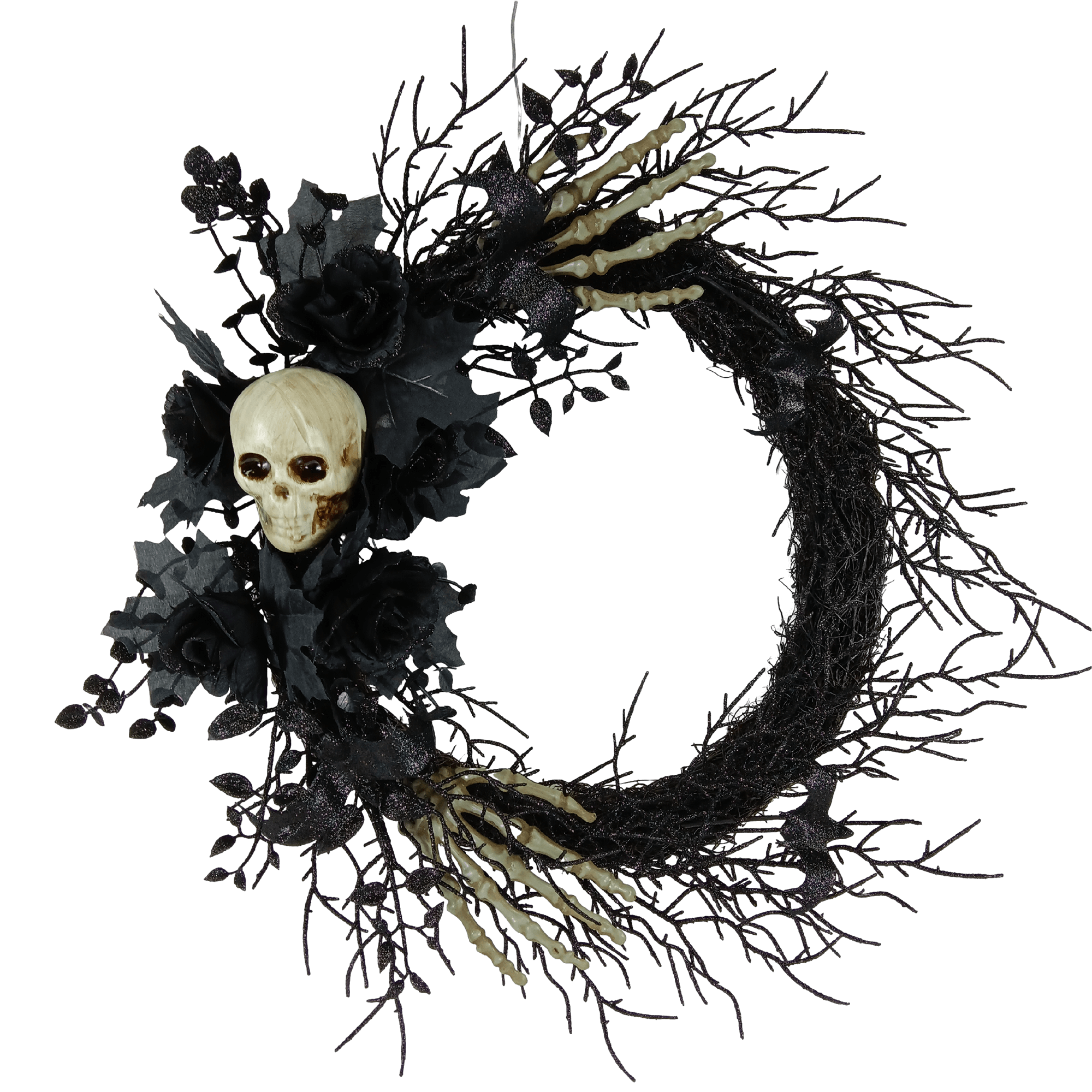 Senmasine 24 Inch Diy Decor Skeleton Heads Hand Glitter Black Dead Branches Artificial Roses Flowers Leaves Halloween Wreath