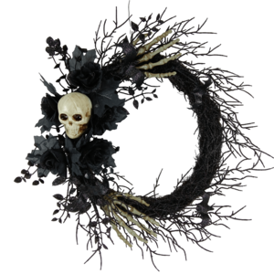 Senmasine 24 Inch Diy Decor Skeleton Heads Hand Glitter Black Dead Branches Artificial Roses Flowers Leaves Halloween Wreath