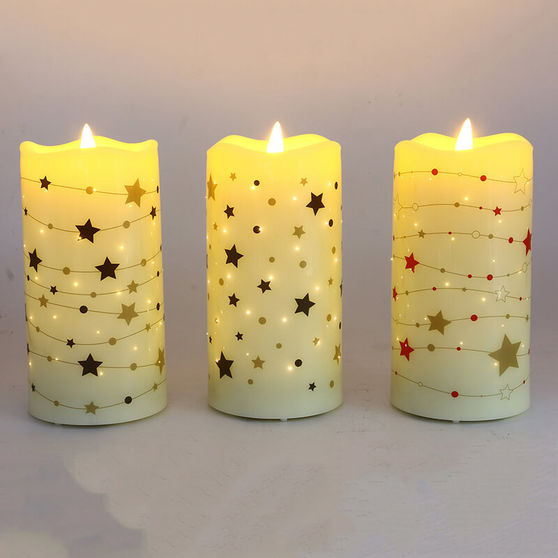 Senmasine Plastic Fiber Optic Candles Printing Christmas Tree Star Flower Pattern 7.5*15cm Flameless Led Candle