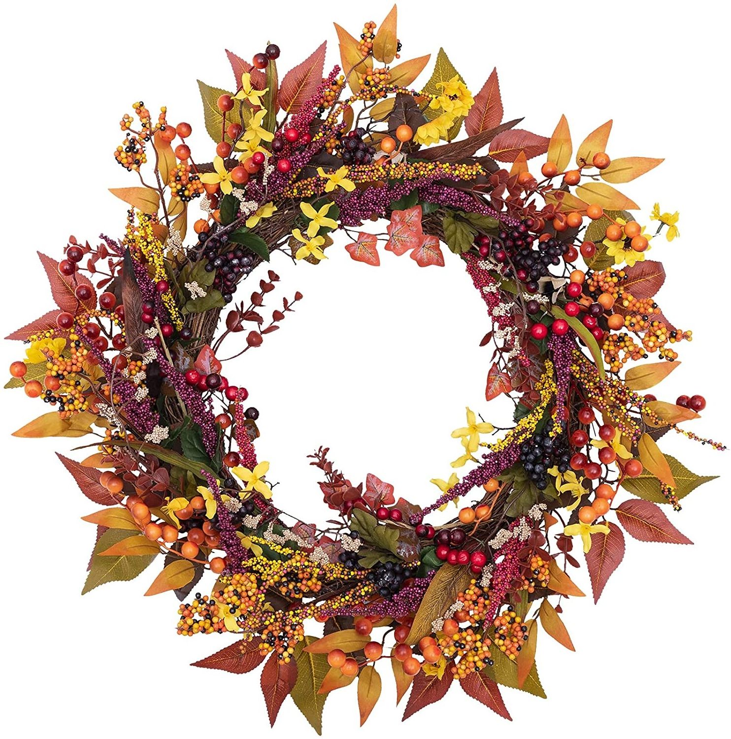 24 Inch Fall Door Wreath Berry Autumn Fall Leaf Flower Harvest Wreath for Front Door Thanksgiving Halloween Fall Decorations