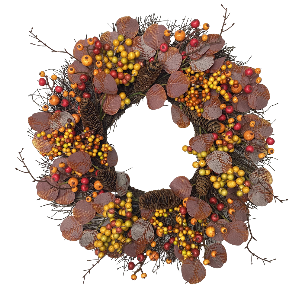 Senmasine 22 Inch Diy Front Door Hanging Fall Harvest Decoration Autumn Berries Pinecone Grapevine Artificial Eucalyptus Wreath