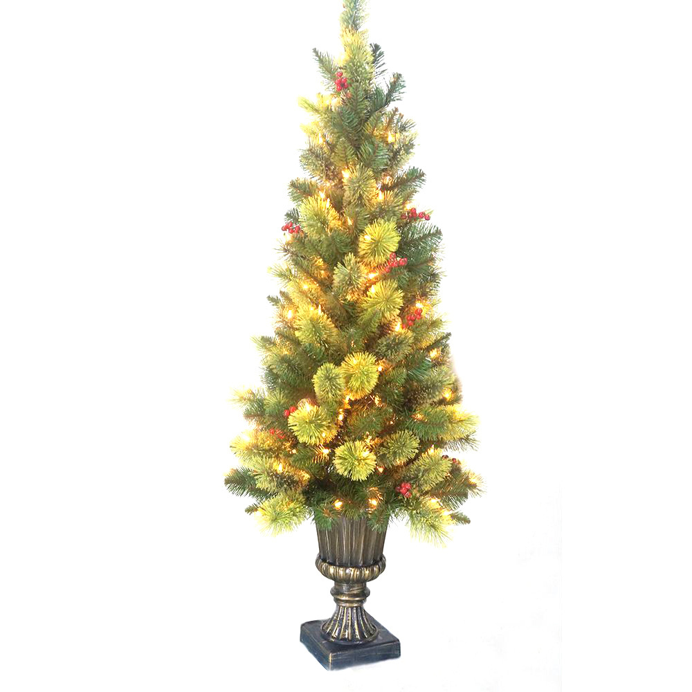 4.5ft entrance Tree 226 Tips artificial Christmas tree lights with Dark Plastic Pot Berry Flocked Cones indoor outdoor decor